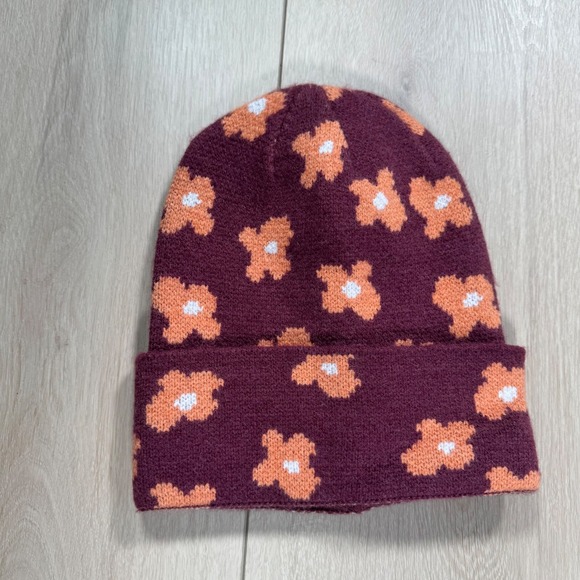 Flower Beanie Knit Hat Burgundy‎ Orange One Size Winter Knitwear Cute - Picture 2 of 7
